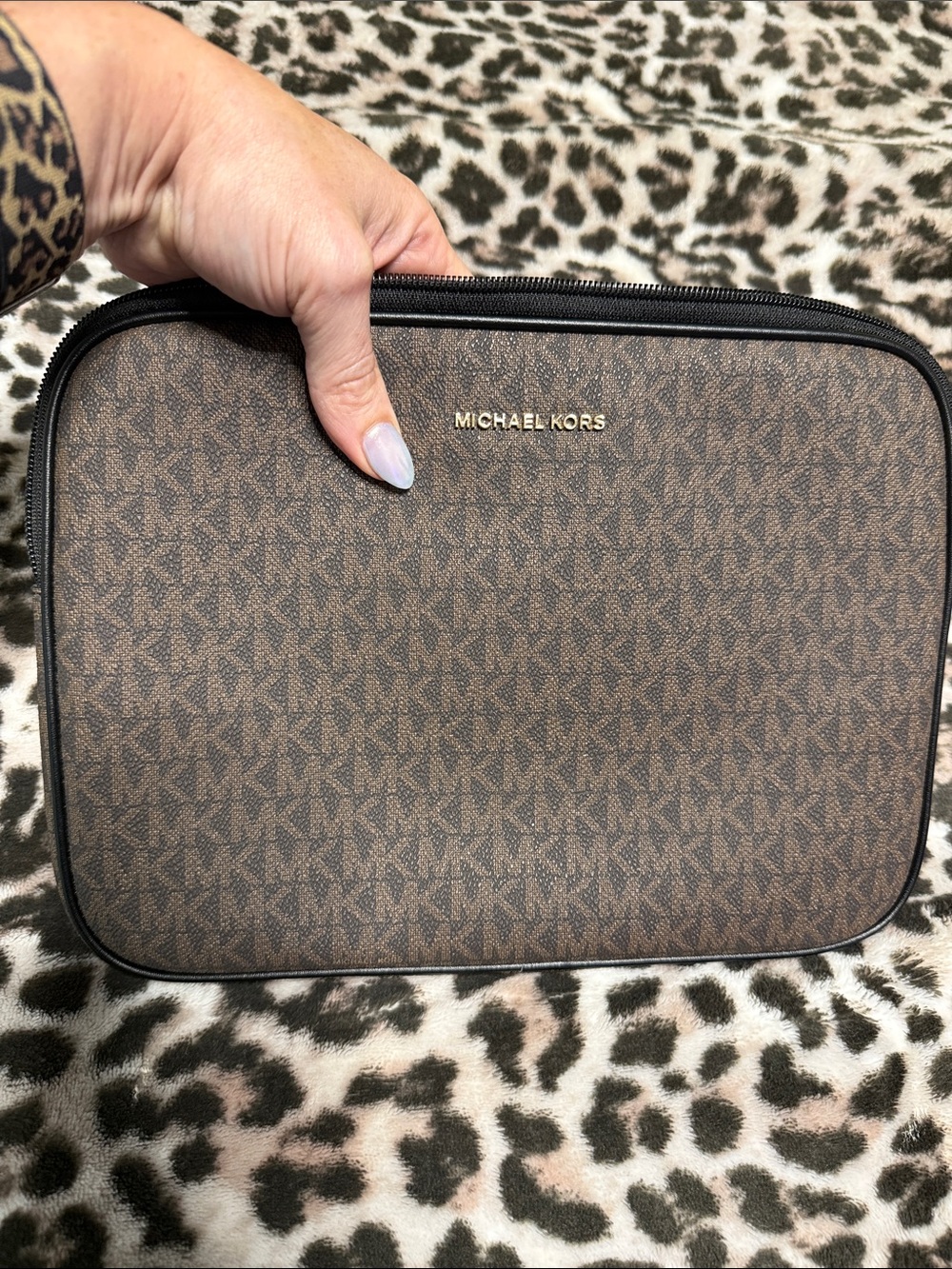 Michael Kors Brown Monogram Toiletry Pouch with Gold Logo - Picture 4 of 4